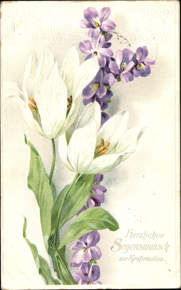Präge Litho Glückwunsch Konfirmation, Tulpen und Veilchen