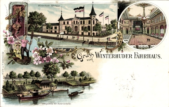 litho Hamburg Nord Winterhude, veerhuis Winterhuder, hal, pier voor de Alster-stoomboot