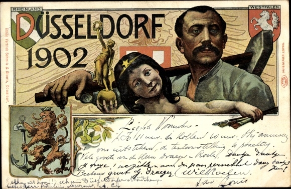 Coat of arms Chromo-Litho Düsseldorf am Rhein, Industry and Trade Exhibition 1902, worker and child