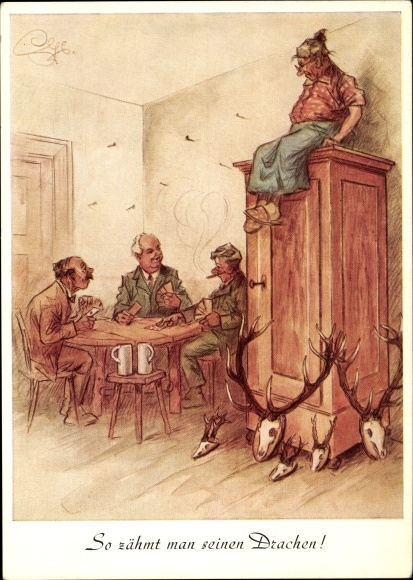 Artist Postcard Geilfus, H., How to tame your dragon, hunters play cards, antlers