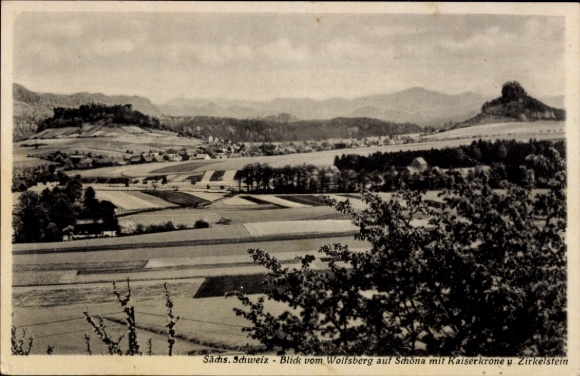 Postcard Schöna Saxon Switzerland, landscape photo, view from Wolfsberg, Schöna, Kaiserkrone, Zirk