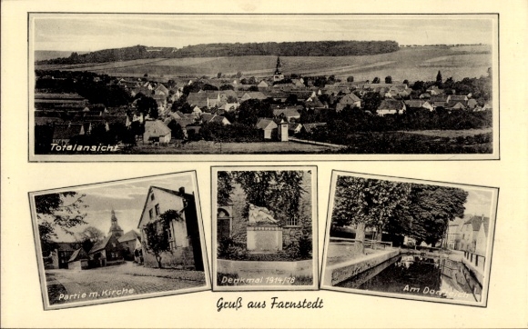 Ak Farnstedt Farnstädt in de Saalekreis, panorama, kerk, monument, dorpsvijver