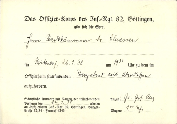 Ak Göttingen in Niedersachsen, Offizier Korps des Inf. Rgt. 82, Einladung zu Tanzabend