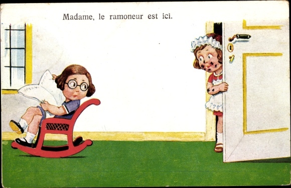 Artist PC Wills, John, Girl in rocking chair reads newspaper, maid