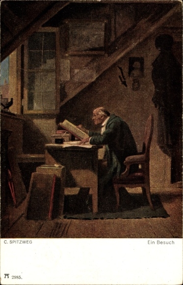 Artist Postcard Spitzweg, C., A visit, man at the desk, bird