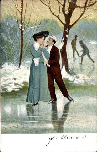 Chromo-Litho Lovers ice skating on the lake