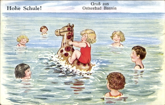 Postcard Ostseebad Bansin on Usedom, High School, children in the water, girl on inflatable horse