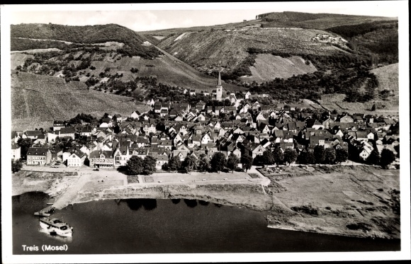 Postcard Treis Karden on the Moselle, general view, bird&#39;s eye view, barge