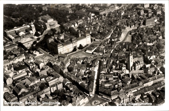 Postcard Darmstadt in Hessen, aerial photograph, castle, city center