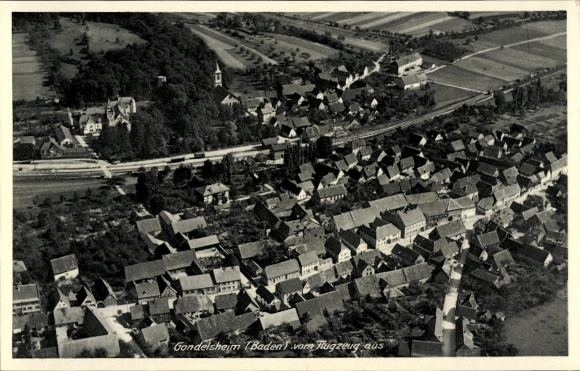 Postcard Gondelsheim in Baden, aerial view of Gondelsheim, houses, trees, streets, landscape