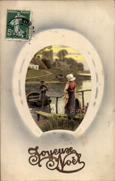 passe-partout Ak in reliëf Gefeliciteerd Kerstmis, vrouw aan de oever van de rivier, roeiboot, geluk en zegen