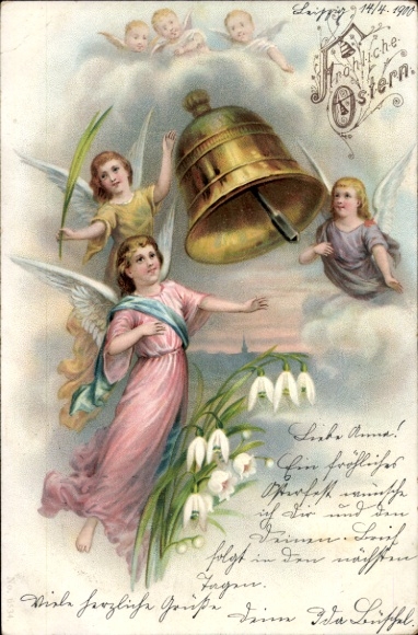 Litho Glückwunsch Ostern, Engel, Glocke, Schneeglocken