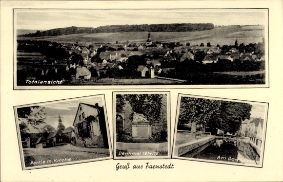 Ak Farnstedt Farnstädt in de Saalekreis, panorama, kerk, monument, dorpsvijver