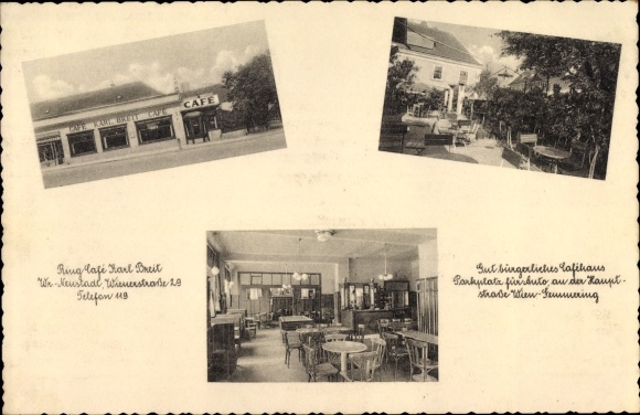Postcard Wien 7. New Austria building, Ring Café Karl Breit, Wiener Straße 29, terrace, interior