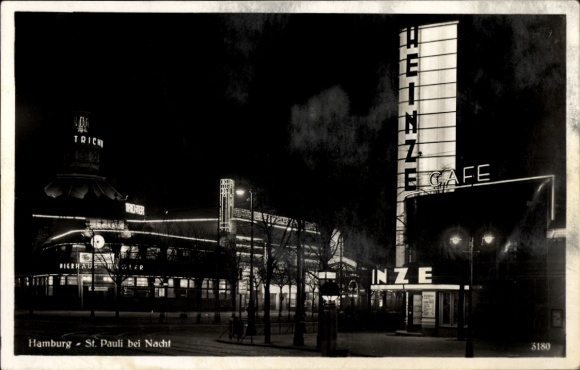 Postcard Hamburg Mitte St. Pauli, street scene at night, Cafe Heinze, Bierhaus Nagler, neon sign