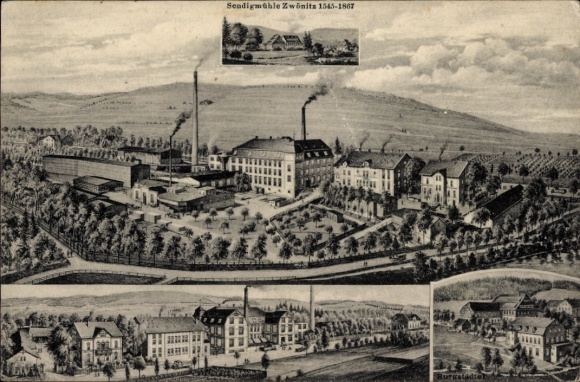 Postcard Zwönitz in the Ore Mountains Saxony, Sendigmühle, chipboard and cardboard factory Oscar Koch