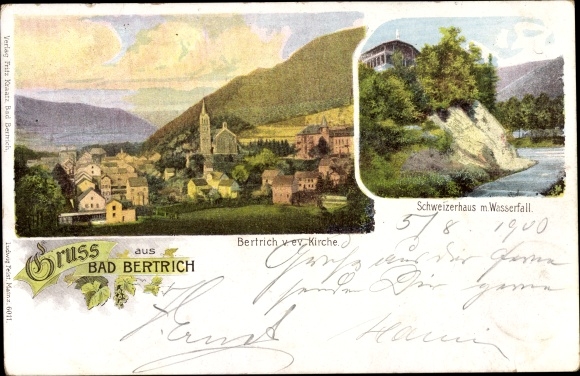 Postcard Bad Bertrich on the Moselle Eifel, Evangelical Church, Schweizerhaus, waterfall