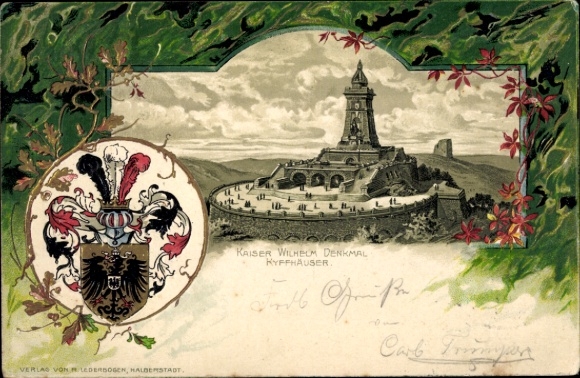 Wapenschild in reliëf litho Steinthaleben Kyffhäuserland in Thüringen, Kyffhäuser, Kaiser Wilhelm-monument