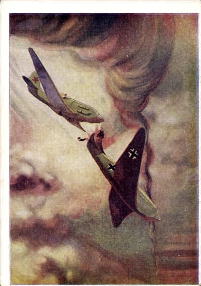 Postcard History Russia, shooting down of a German fighter plane, II WW