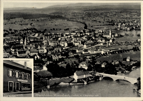 Ak Rheinfelden in Baden, Warmbach, Gemischtwarengeschäft, Fliegeraufnahme