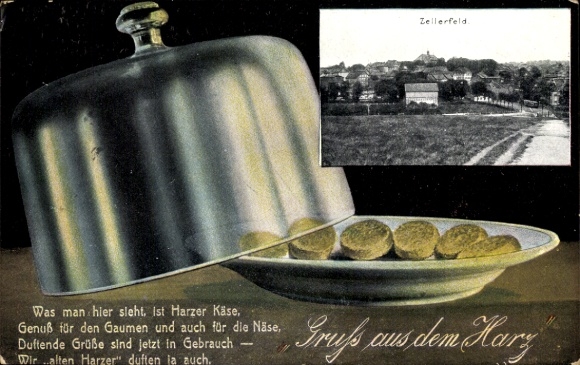 Passepartout Postcard Clausthal Zellerfeld in the Upper Harz, general view, Harz cheese, cheese dome