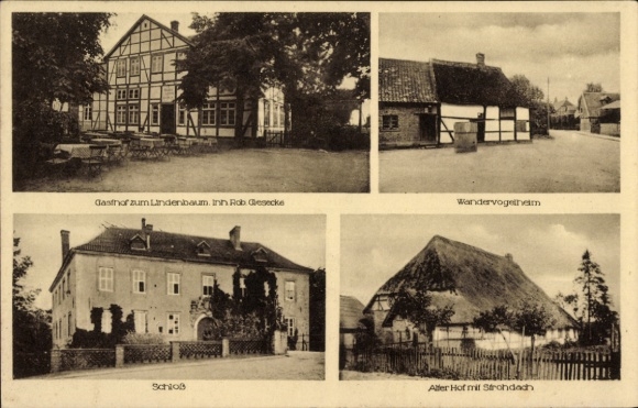 Postcard Wendhausen Lehre, Inn at the Lindenbaum, owner Robert Giesecke, Castle, Wandervogelheim