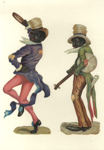 2 wafers of dark-skinned men with tambourine and banjo, size approx. 34 x 13 cm each