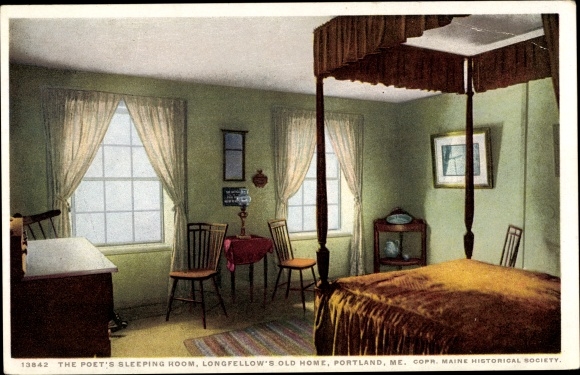 Ak Portland Maine USA, het oude huis van Longfellow, de slaapkamer van de dichter