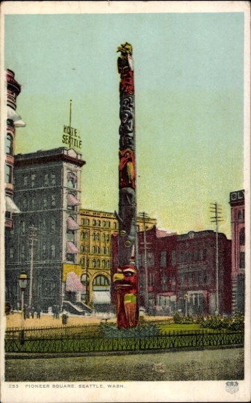 Ak Seattle Washington USA, Pioneer Square, Totempfahl, Hotel   Architektur
