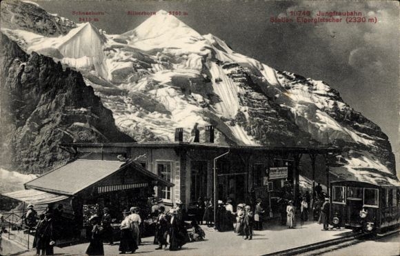 Ak Kanton Bern Schweiz, Station Eigergletscher, Jungfraubahn, Zahnradbahn, Schneehorn, Silberhorn