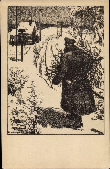 Artist PC Baluschek, Hans, congratulations Christmas, soldier with Christmas tree, winter landscape