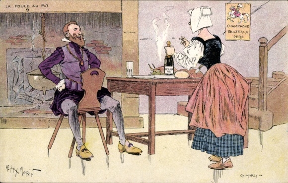 Artist Postcard Morin, H., married couple, food, champagne