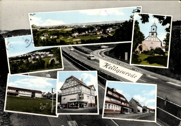 Postcard Heiligenrode Niestetal in Hessen, motorway, half-timbered house, church, partial views, panorama