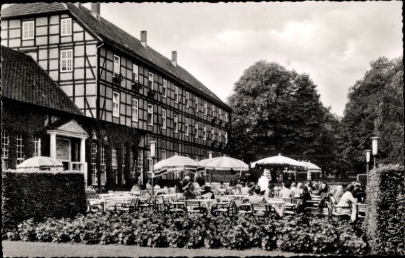 Postcard Bad Driburg in Westphalia, café terrace in the spa gardens, architecture, many guests