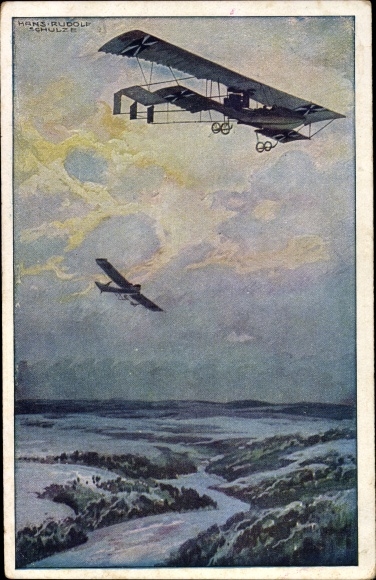 Artist PC Schulze, Hans Rudolf, military biplane on a reconnaissance trip over the Argonne Forest