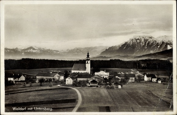 Postcard Weildorf Teisendorf in the district of Laufen, church, village with a view of the countryside, mountains