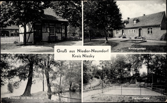 Postcard Nieder Neundorf Rothenburg, kindergarten, free dance hall, park pond, bus stop