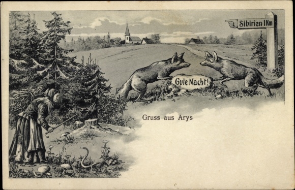 PC Orzysz Arys East Prussia, military training area, foxes say good night, signpost to Siberia