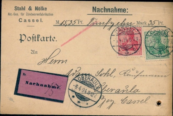 Direct transfer 5.04.1904, Oberaula to Stahl & Nölke Kassel