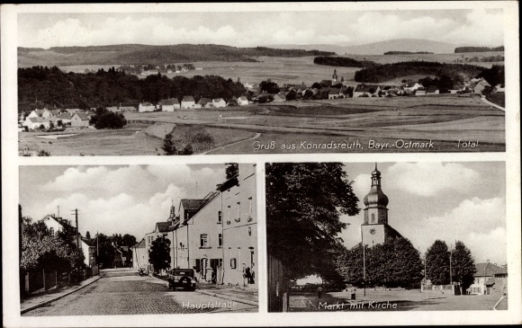 Postcard Konradsreuth in Upper Franconia, general view, main street, market, church