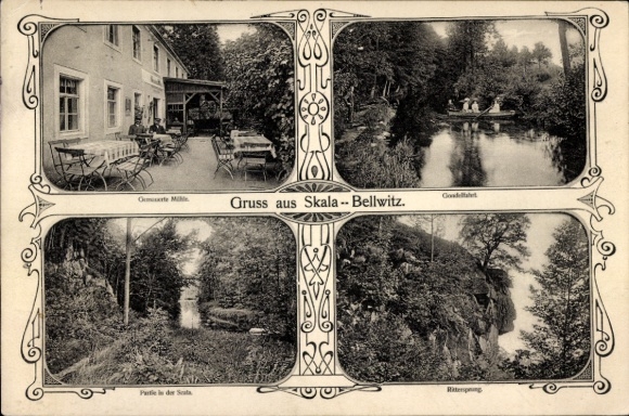 Jugendstil Ak Skala Bellwitz Löbau, Gemauerte Mühle, Gondelfahrt, Rittersprung