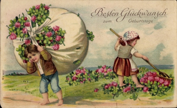 Embossed Postcard Congratulations Birthday, Children, Lucky Clover Harvest