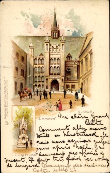 Postcard City of Westminster London England, building with gate, horses and people, fountain in the foreground...
