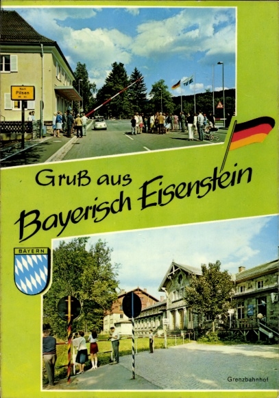 Ak Bayerisch Eisenstein im Bayrischen Wald Niederbayern, Grenzbahnhof, Schranke