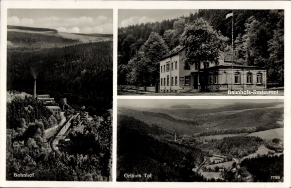 Postcard Dittersdorf Amtsberg in the Ore Mountains, station restaurant, train station, Green Valley