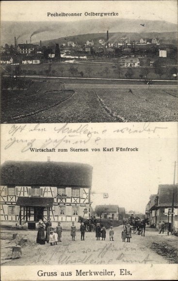 Postcard Merkwiller Merkweiler Alsace Bas Rhin, Pechelbronner oil mines, economy to the stars