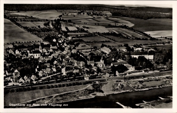 Postcard Obertheres Theres in Lower Franconia, aerial view of Obertheres, river and landscape visible