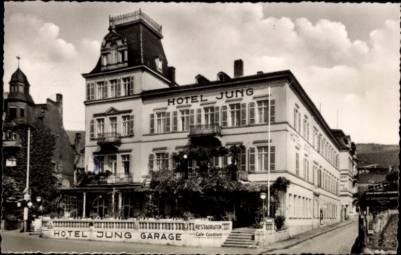 Postcard Rüdesheim am Rhein, Hotel Jung, Restaurant, Garage, Café-Condi