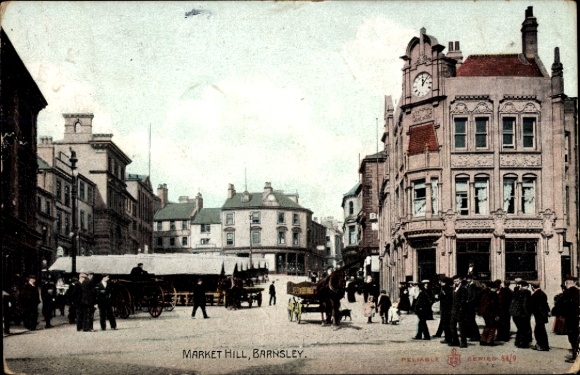 Postcard Barnsley Yorkshire, Market, Street View, Market Hill
