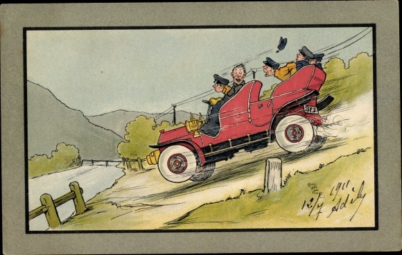 Artist PC Lane Vicary, Charles, automobile about to drive into a river